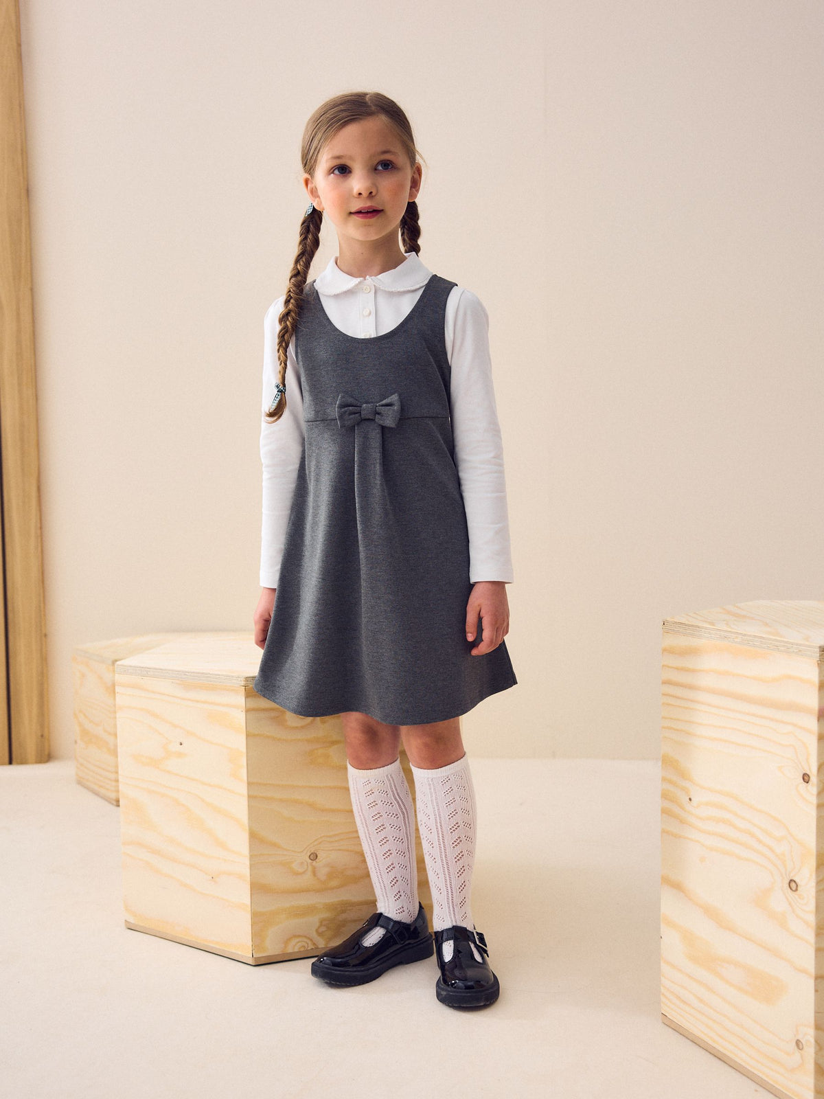 Grey Jersey Stretch Bow School Pinafore (3-14yrs)