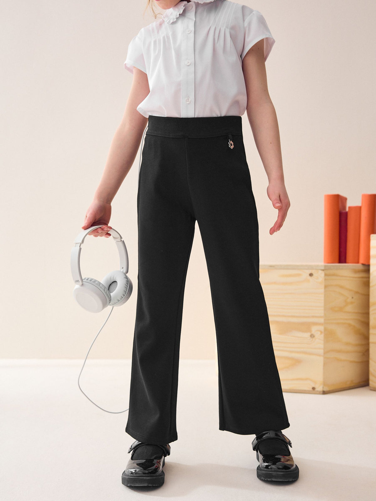 Black Regular Length Pull-On Cotton Rich Stretch Boot Cut School Trousers (3-16yrs)