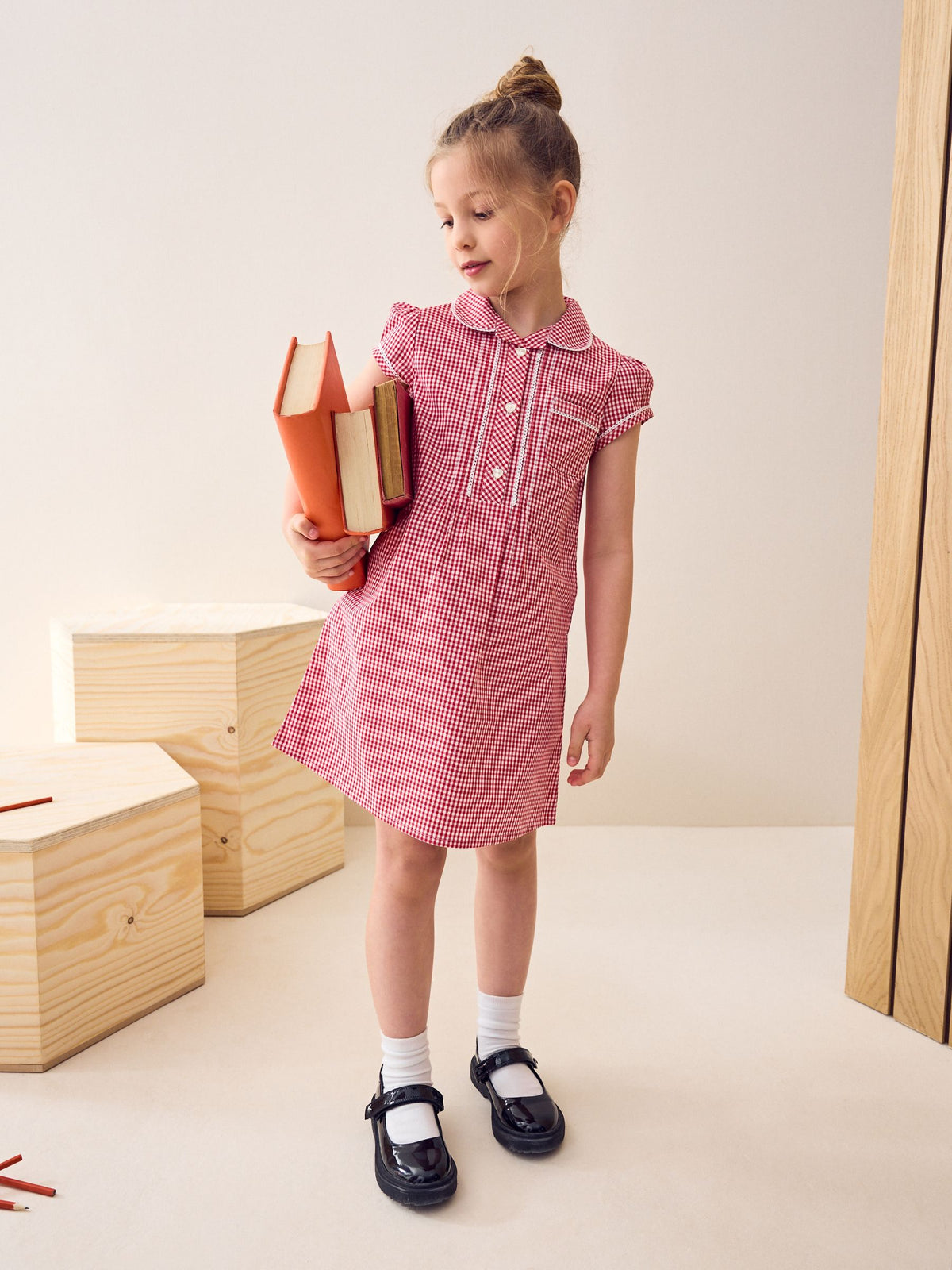 Red Cotton Rich Button Front Lace Gingham School Dress (3-14yrs)