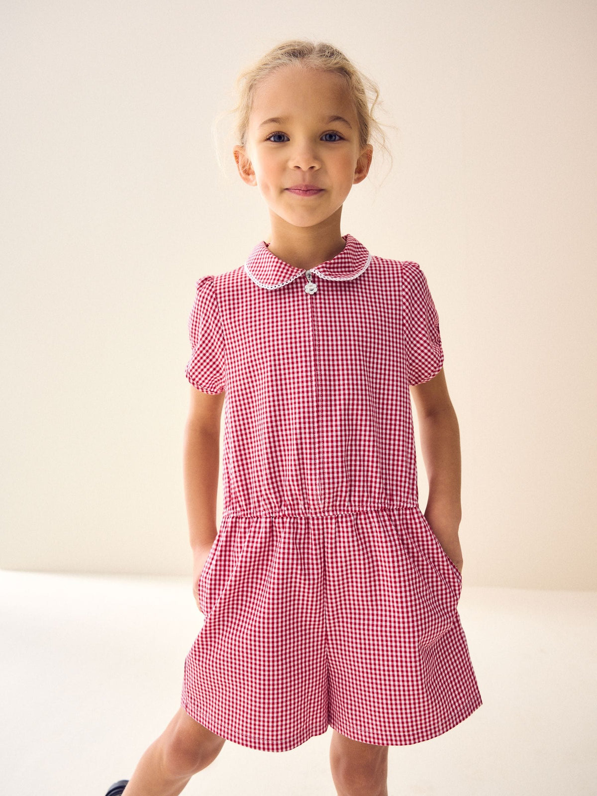 Red Zip Front Cotton Rich Gingham School Playsuit (3-14yrs)