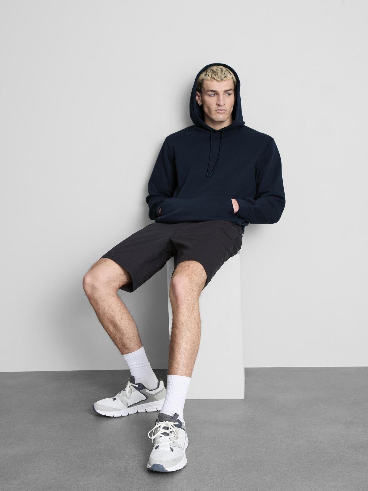 Cotton Blend Pullover Hoodie - Navy