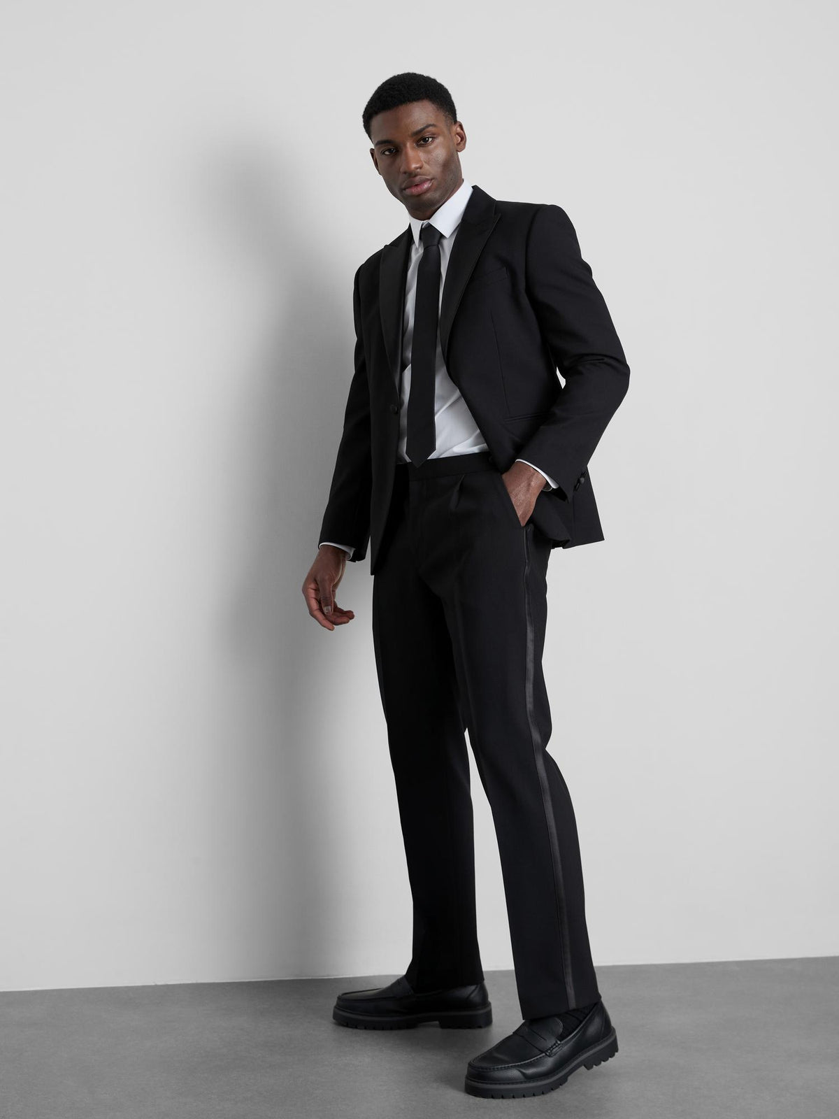 Regular Fit Pleat Front Tuxedo Trousers - Black
