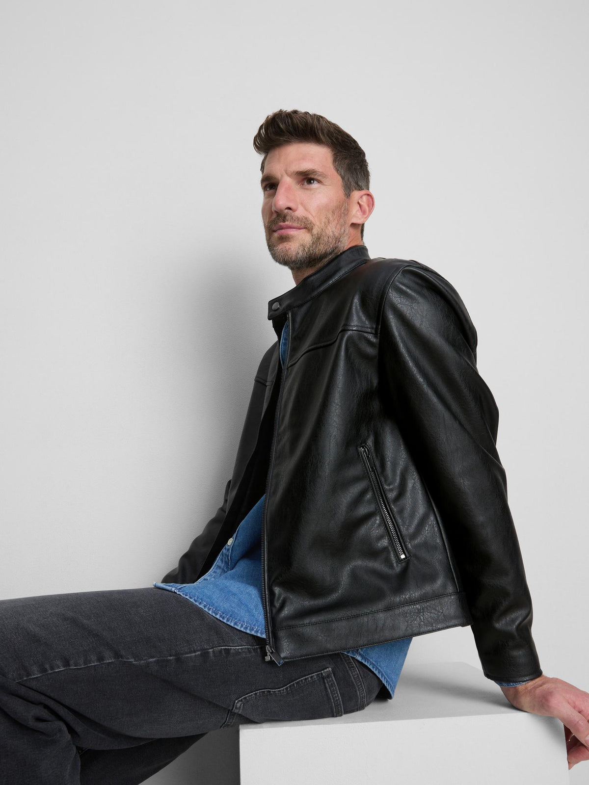 Faux Leather Zip-Up Jacket - Black