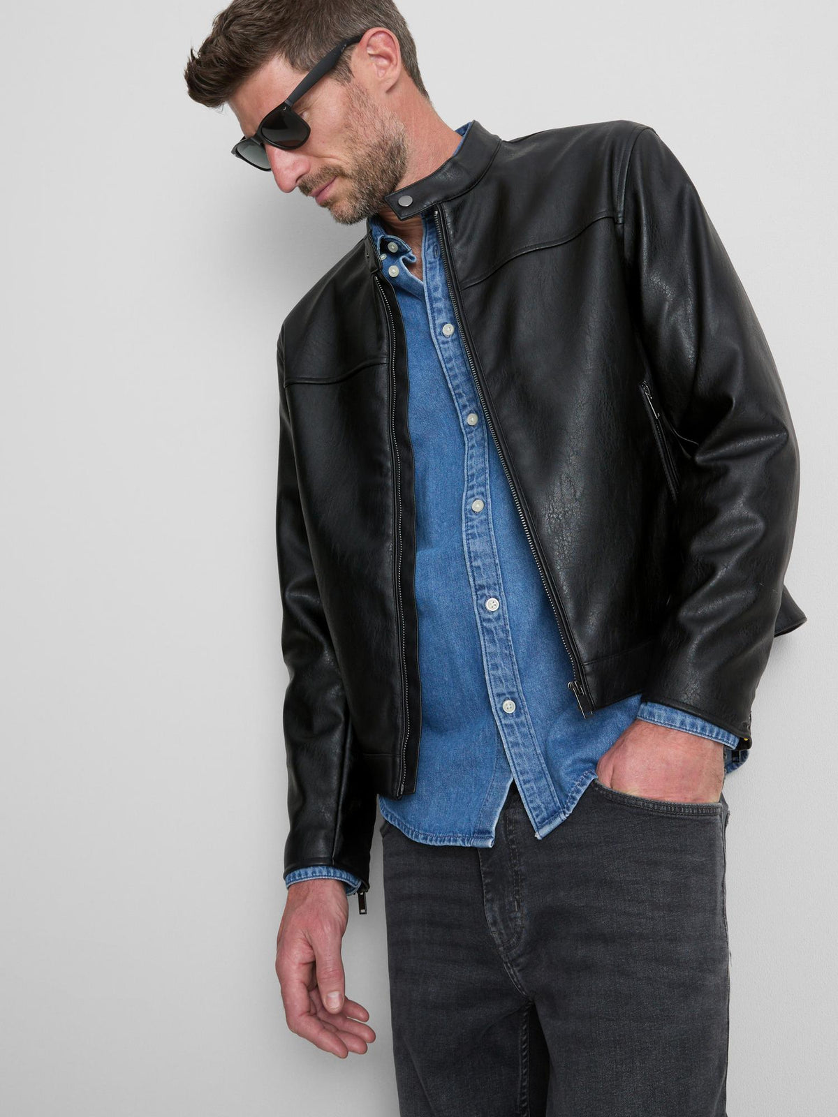 Faux Leather Zip-Up Jacket - Black