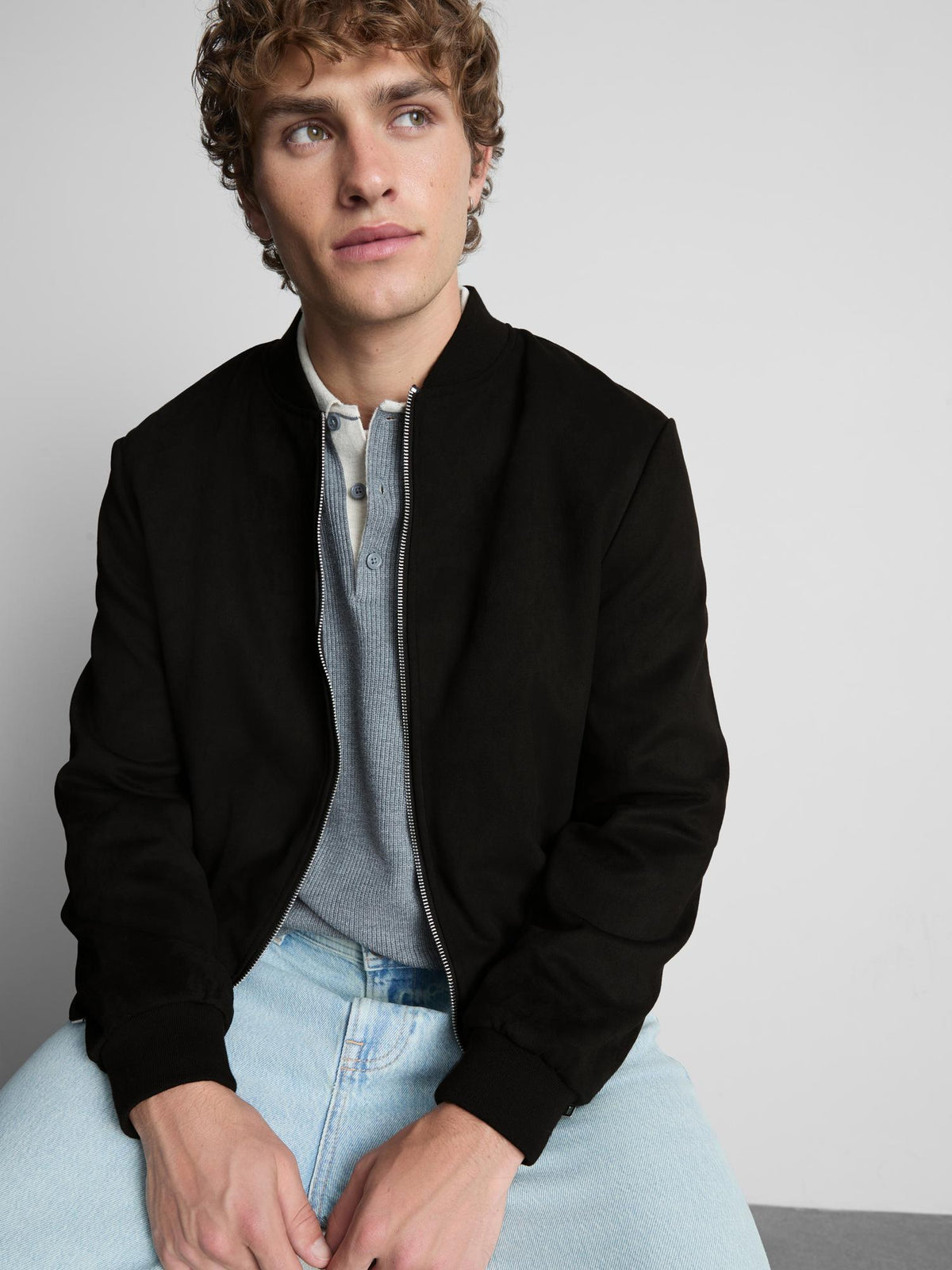 Faux Suede Zip-Up Bomber Jacket - Black