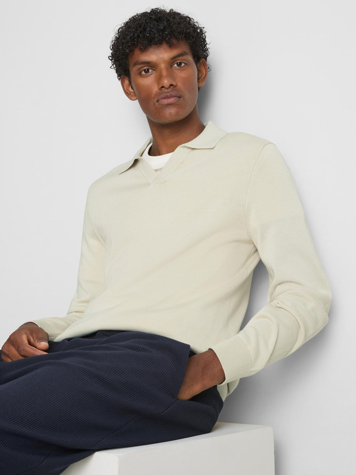 Knitted Long Sleeve Polo Shirt - Ecru