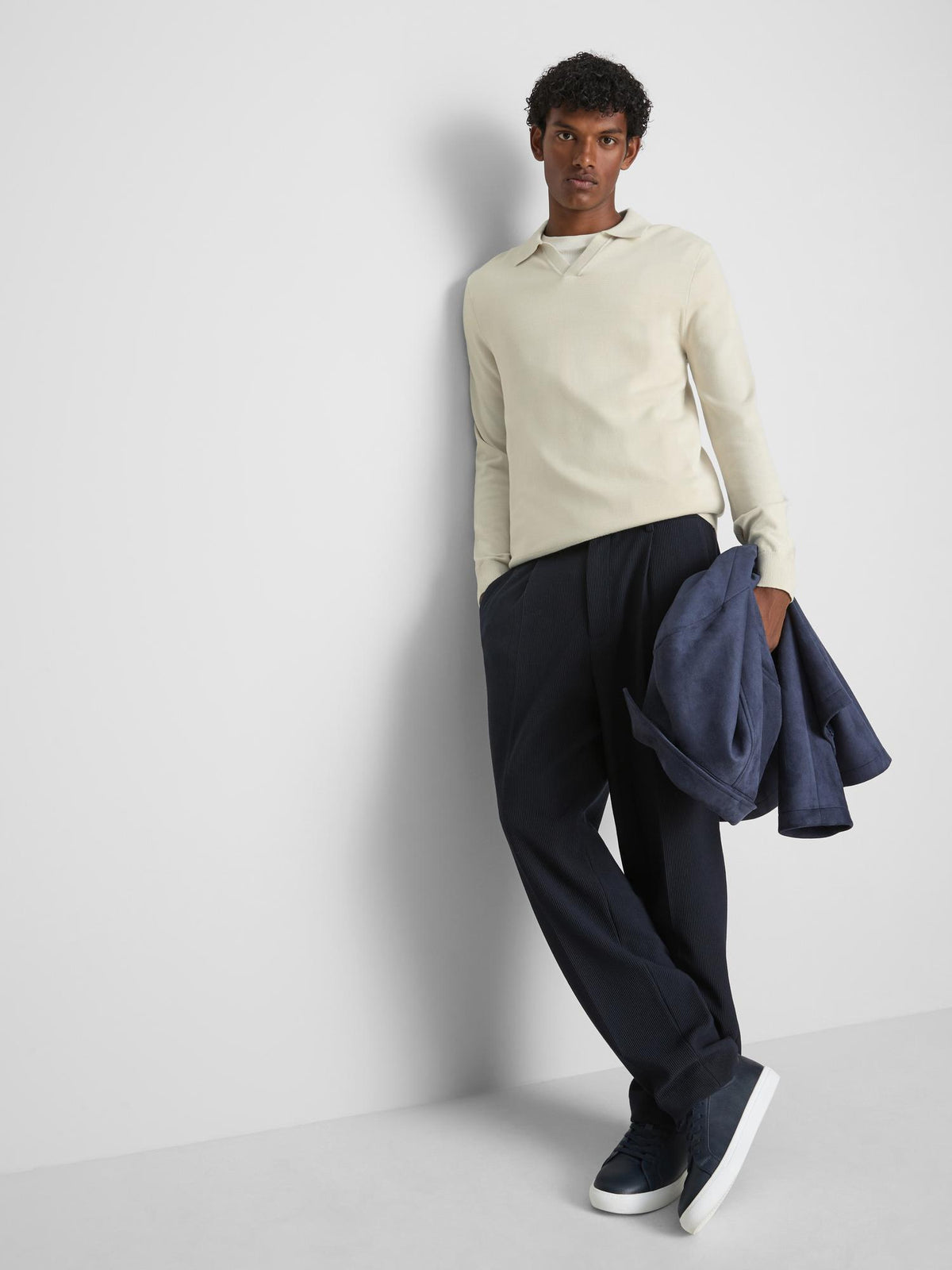 Knitted Long Sleeve Polo Shirt - Ecru