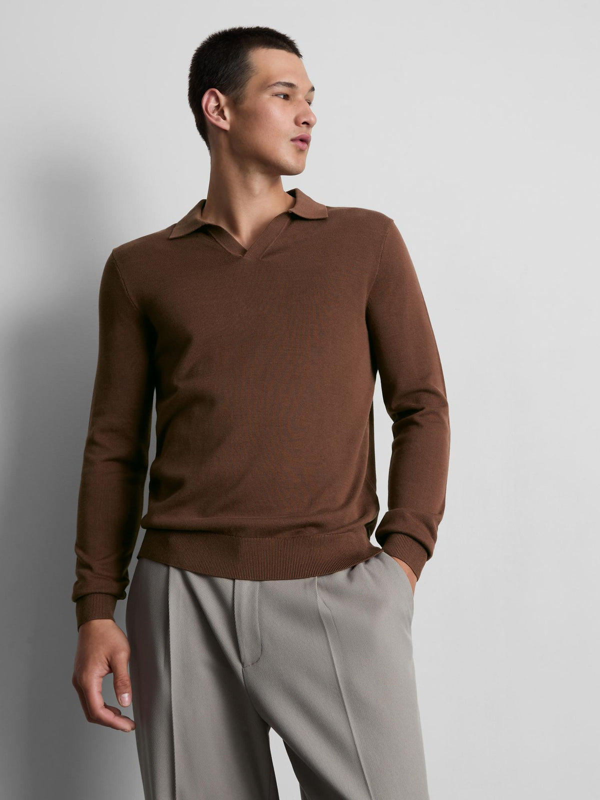 Knitted Long Sleeve Polo Shirt - Dark Brown