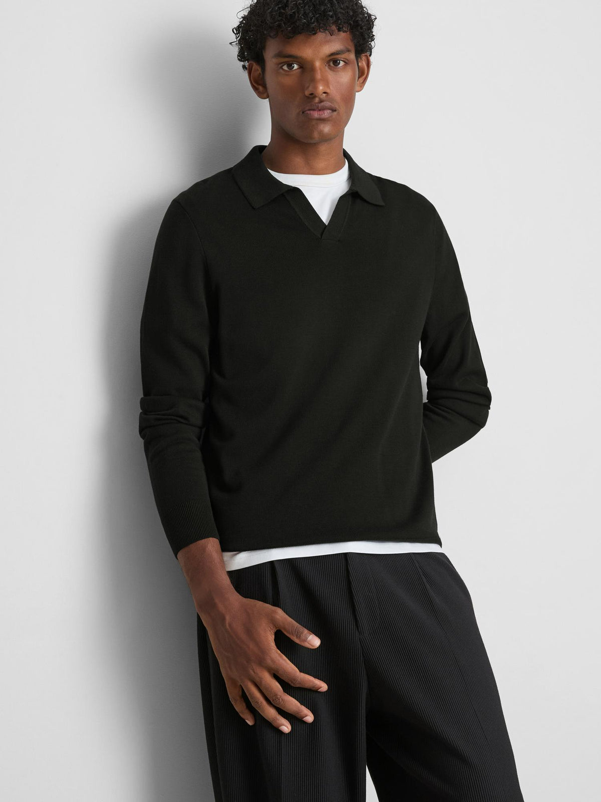 Knitted Long Sleeve Polo Shirt - Black