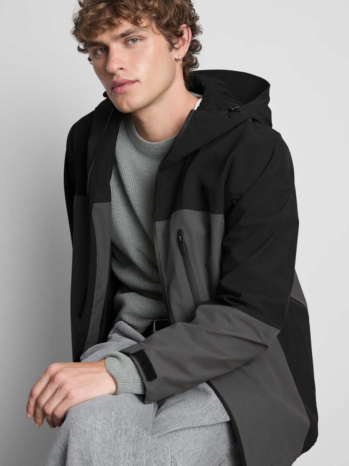 Colour Block Hooded Raincoat - Charcoal