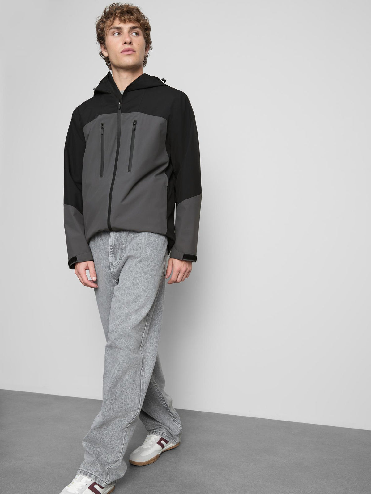 Colour Block Hooded Raincoat - Charcoal