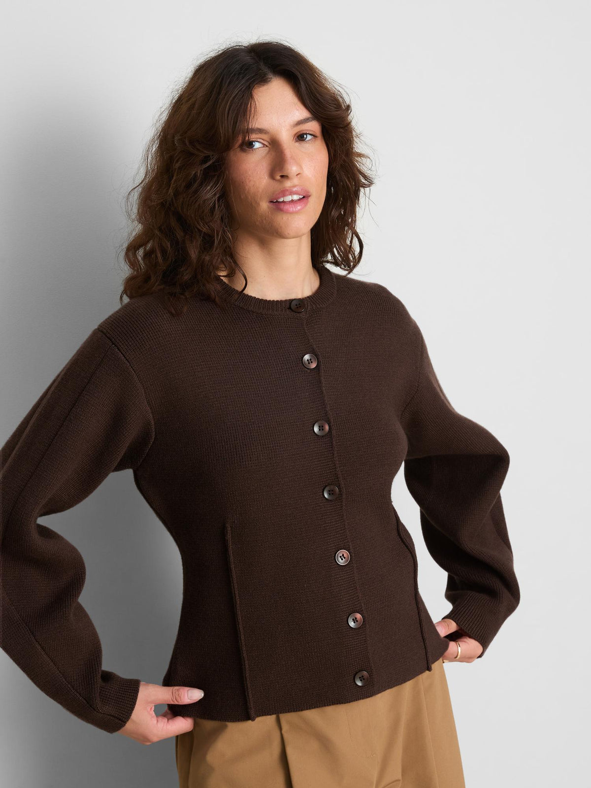 Sculpted Round Neck Cardigan - Brown