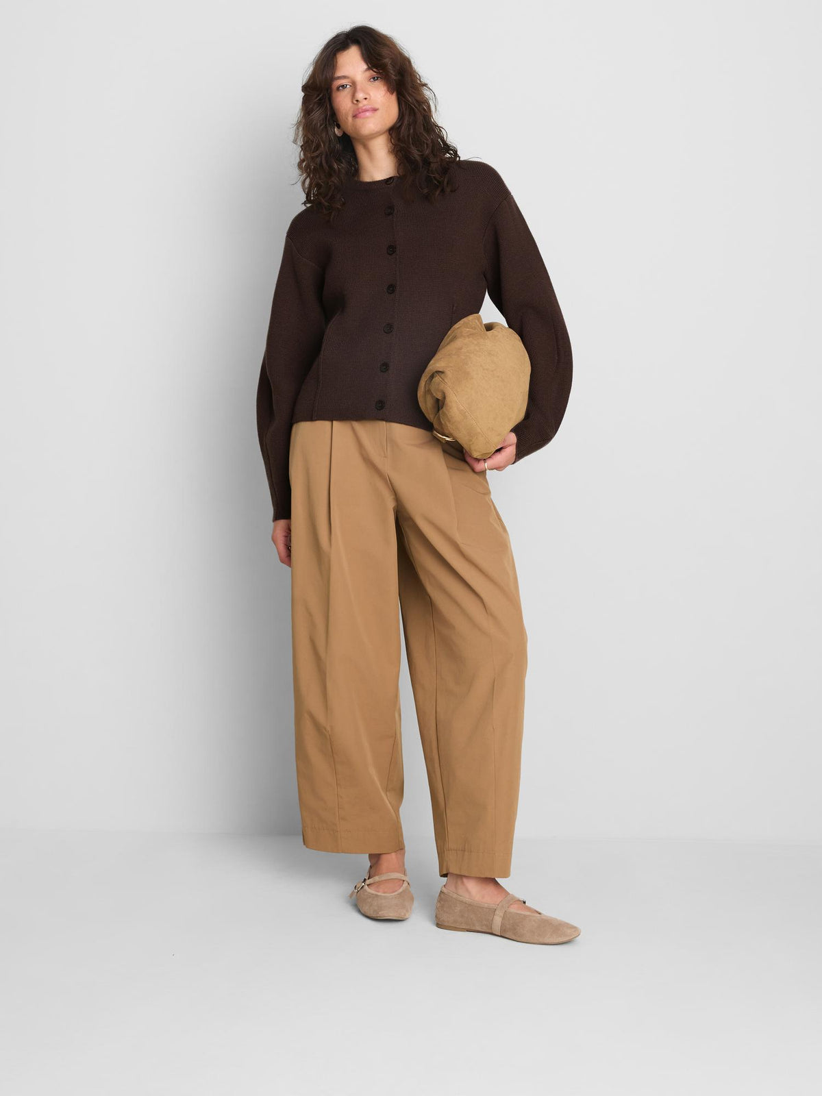 Sculpted Round Neck Cardigan - Brown