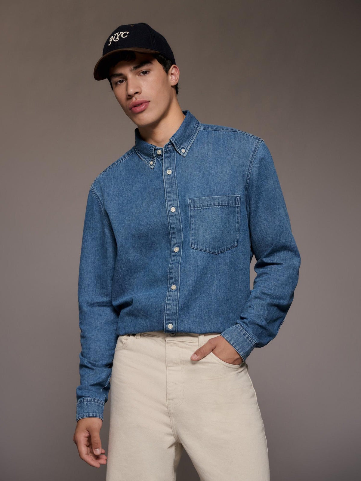 Long Sleeve Button-Up Denim Shirt - Light Blue