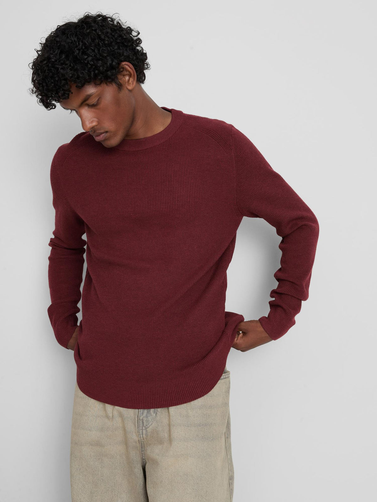 Ribbed Crew Neck Jumper - Red