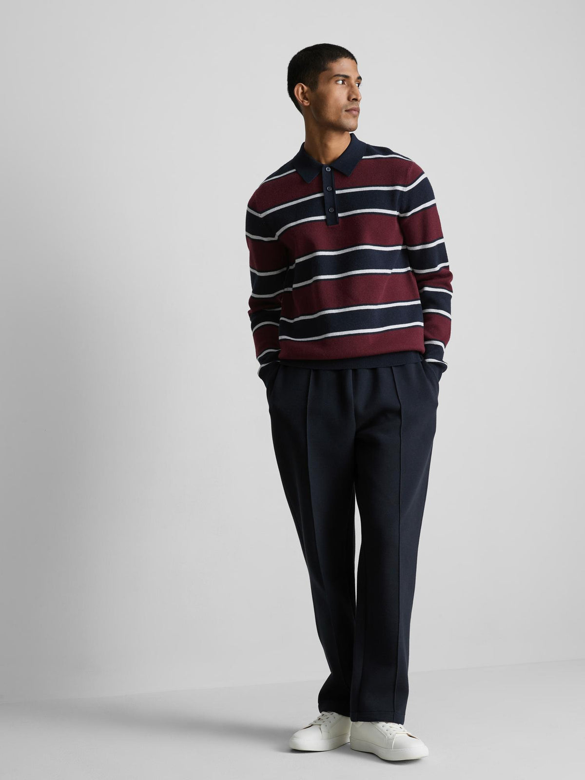 Stripe Knitted Polo Jumper - Navy