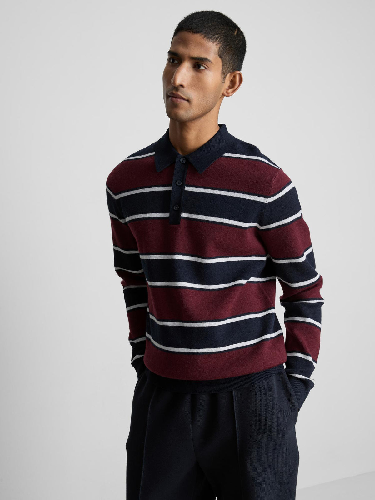 Stripe Knitted Polo Jumper - Navy