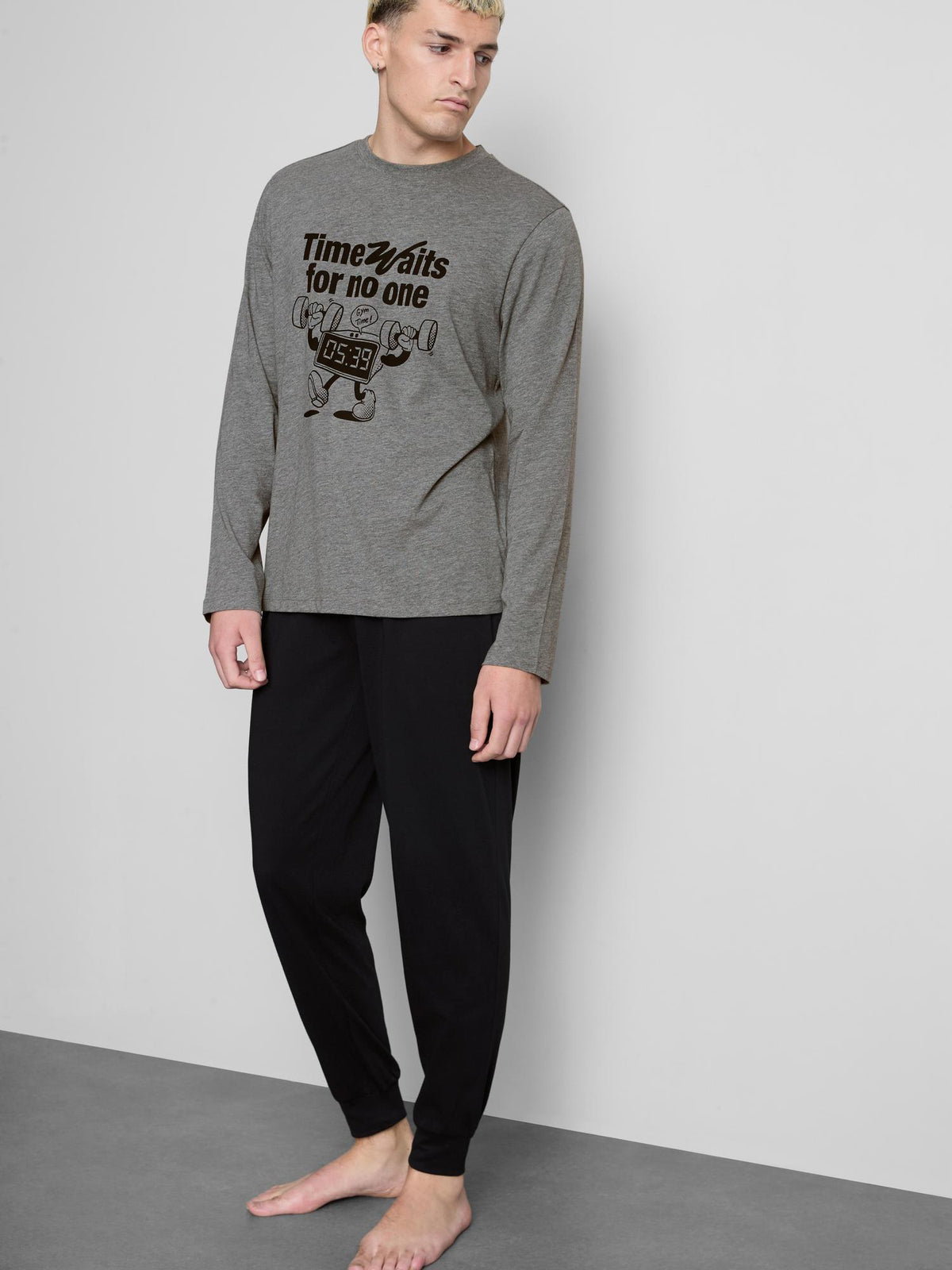 Cotton Rich Clock Graphic Pyjama Set - Grey Marl
