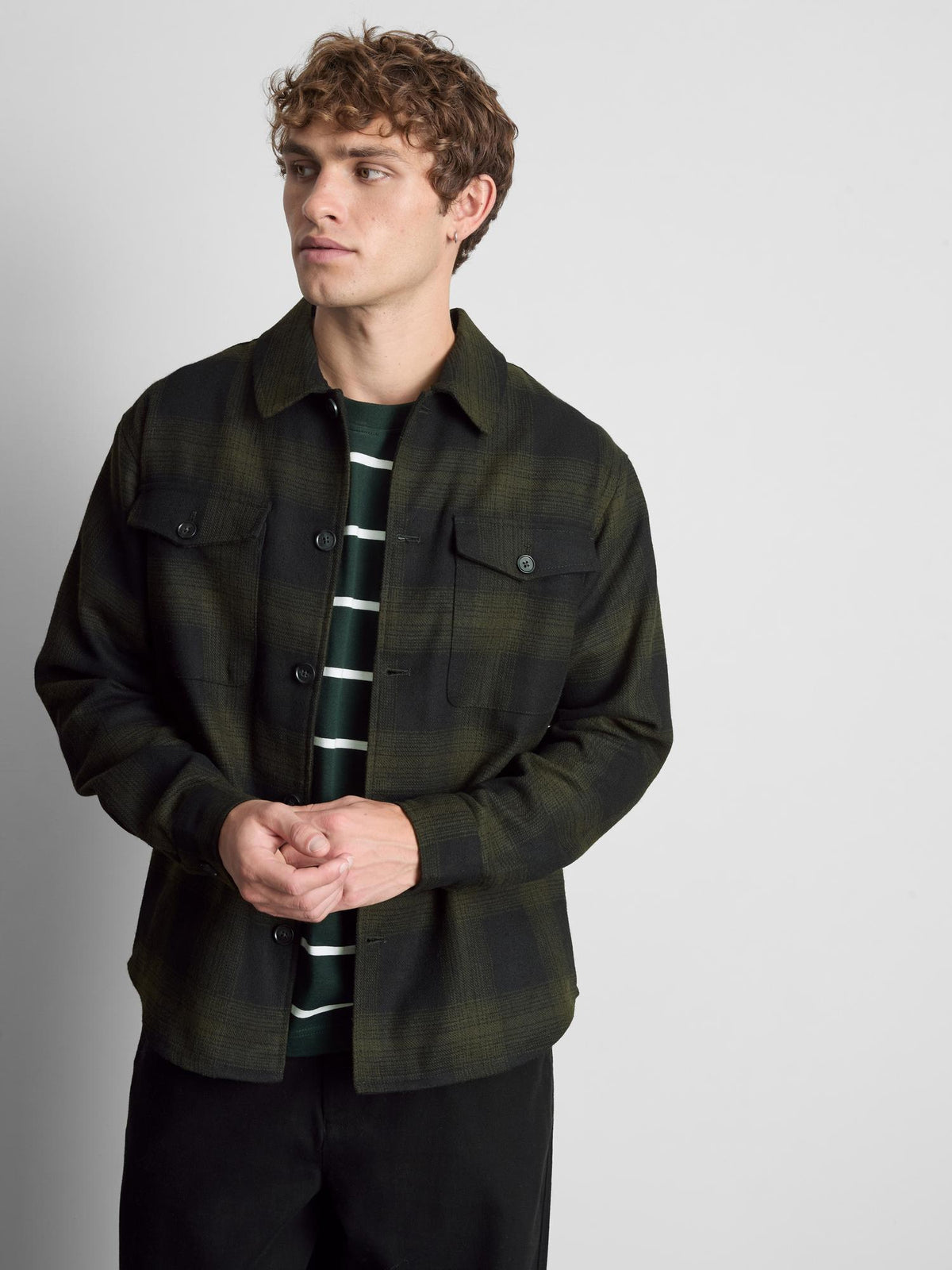 Button-Up Check Overshirt - Olive