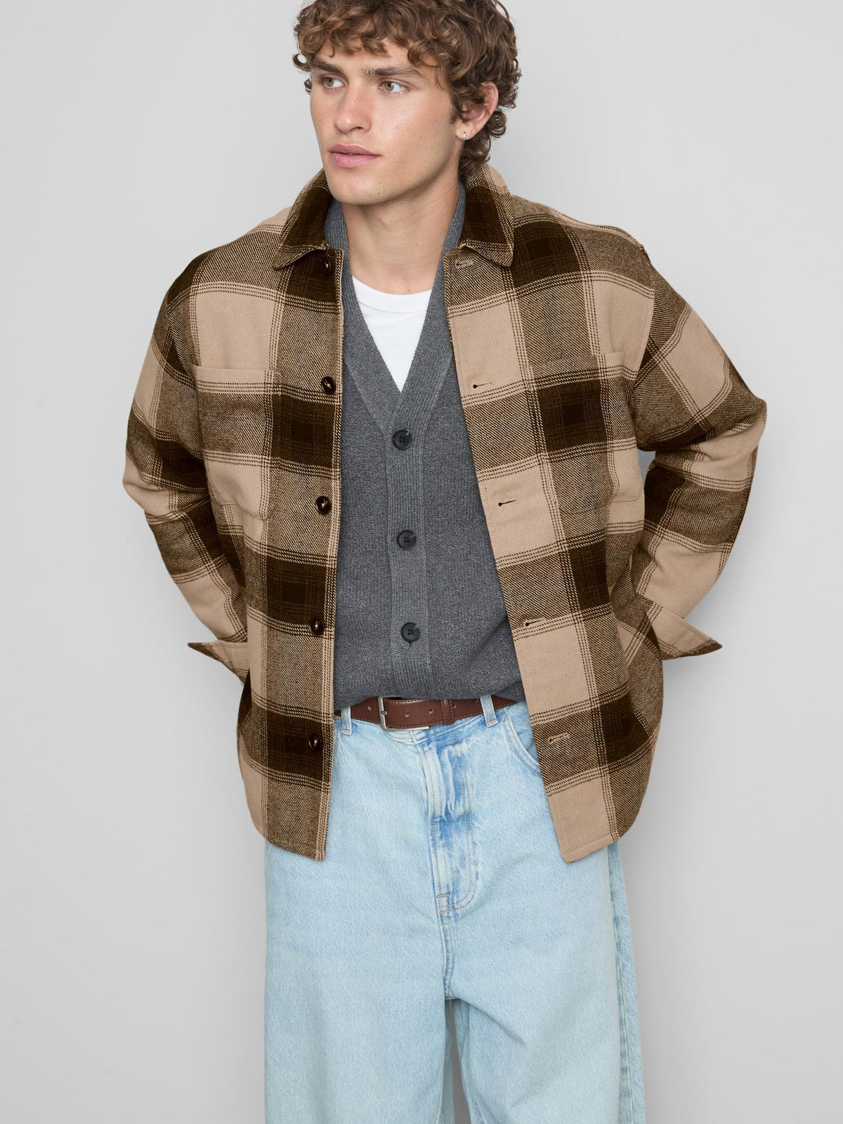 Check Button-Up Overshirt - Brown