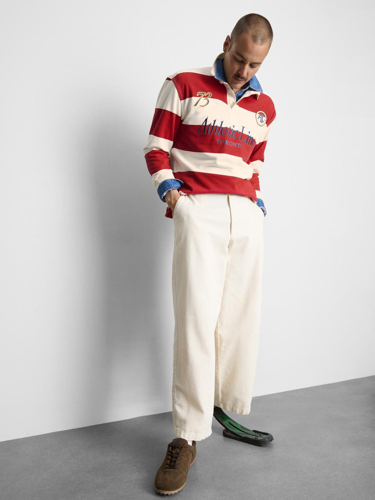 Cotton Blend Striped Rugby Shirt - Red