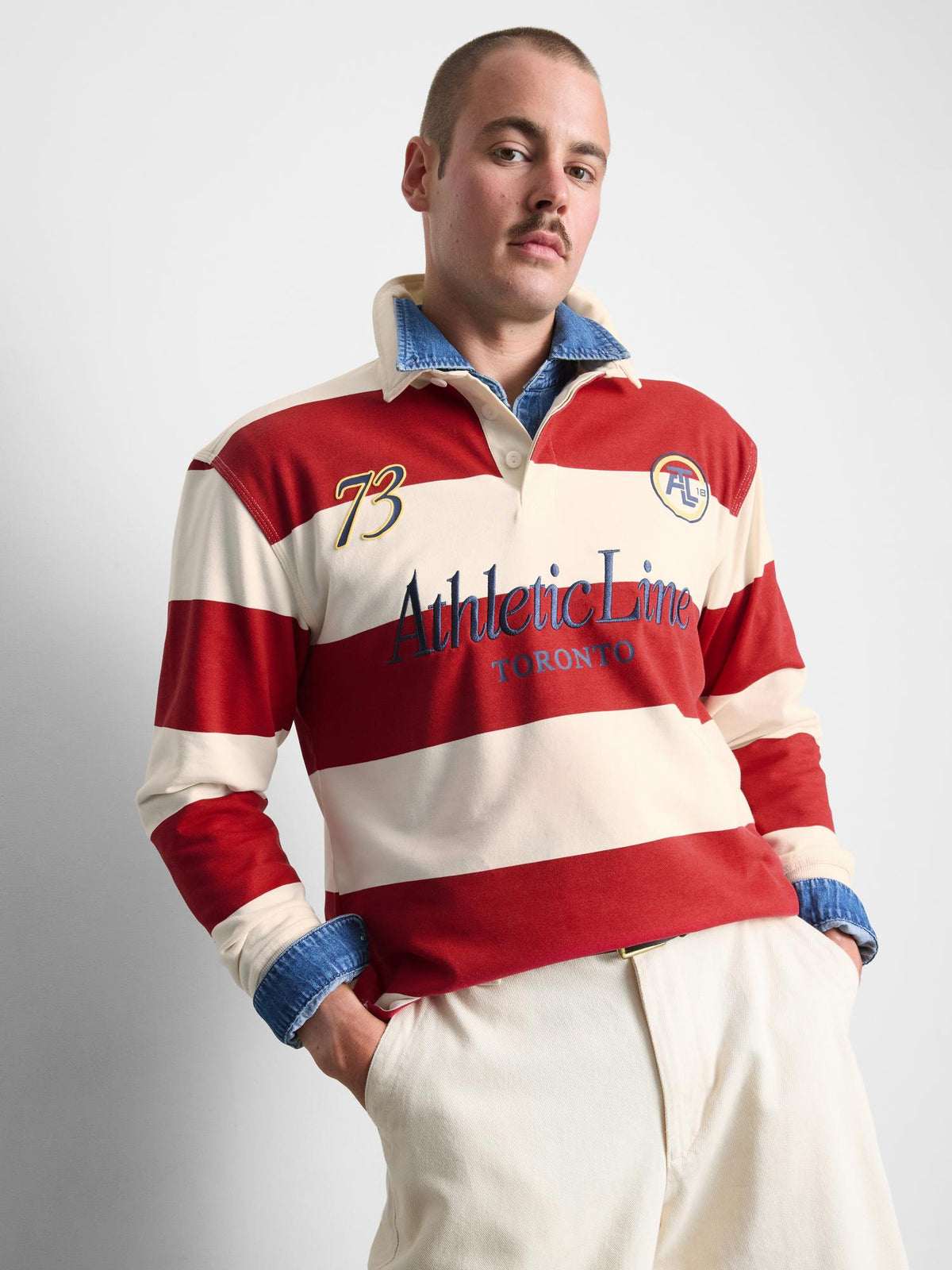 Cotton Blend Striped Rugby Shirt - Red