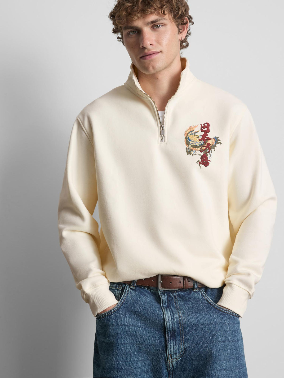 Funnel Neck Half-Zip Sweatshirt - Ecru