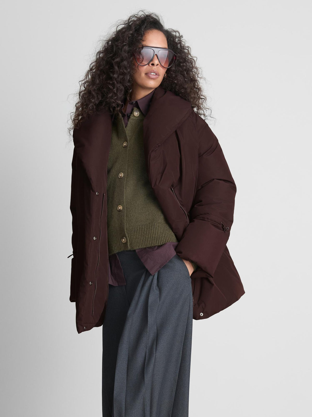 Quilted Mid Shawl Coat - Burgundy