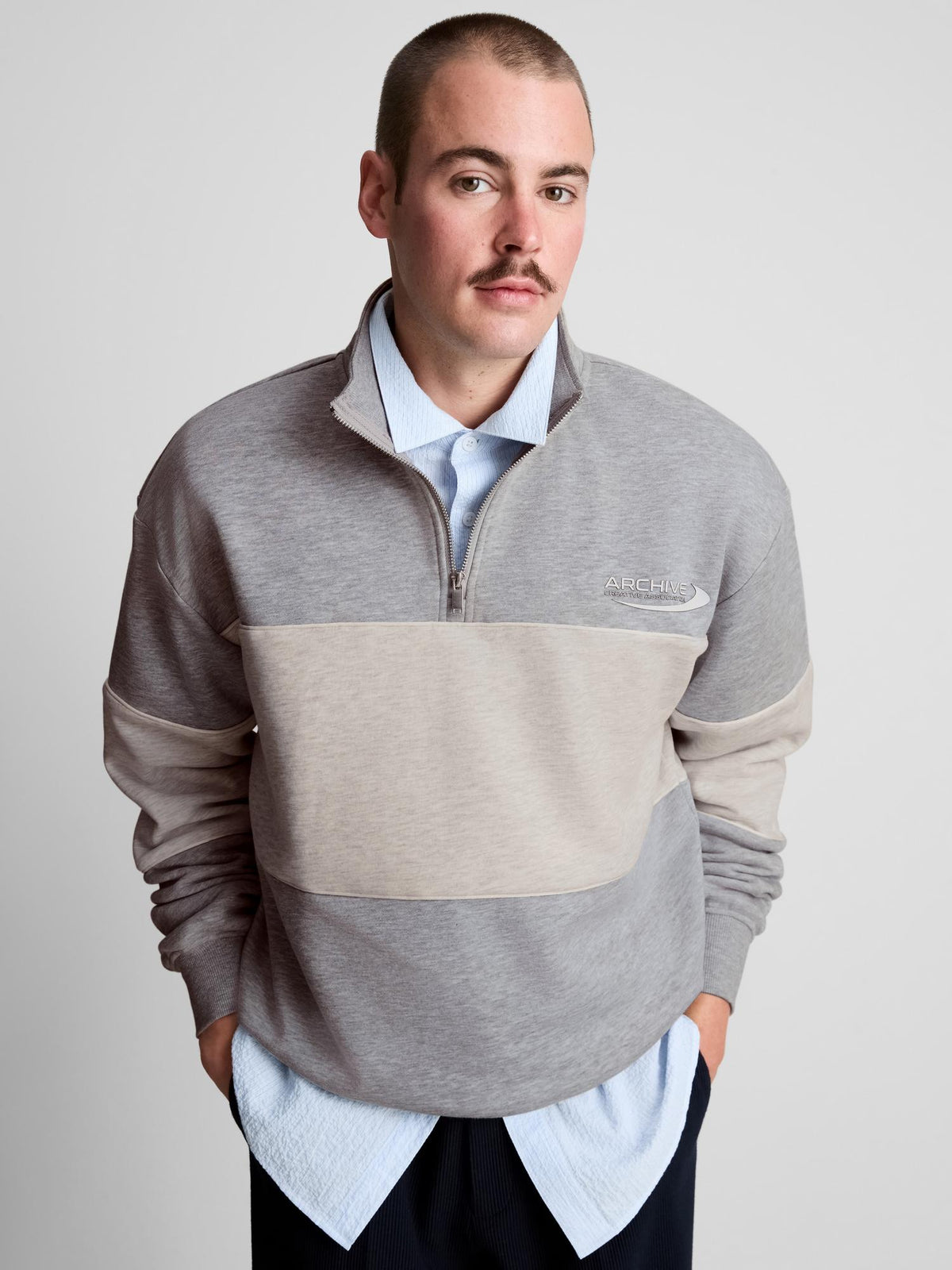 Colour Block Funnel Neck Sweatshirt - Light Grey