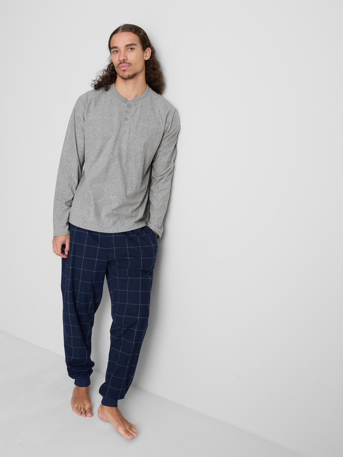 Checked Henley Long Sleeve Pyjamas - Grey