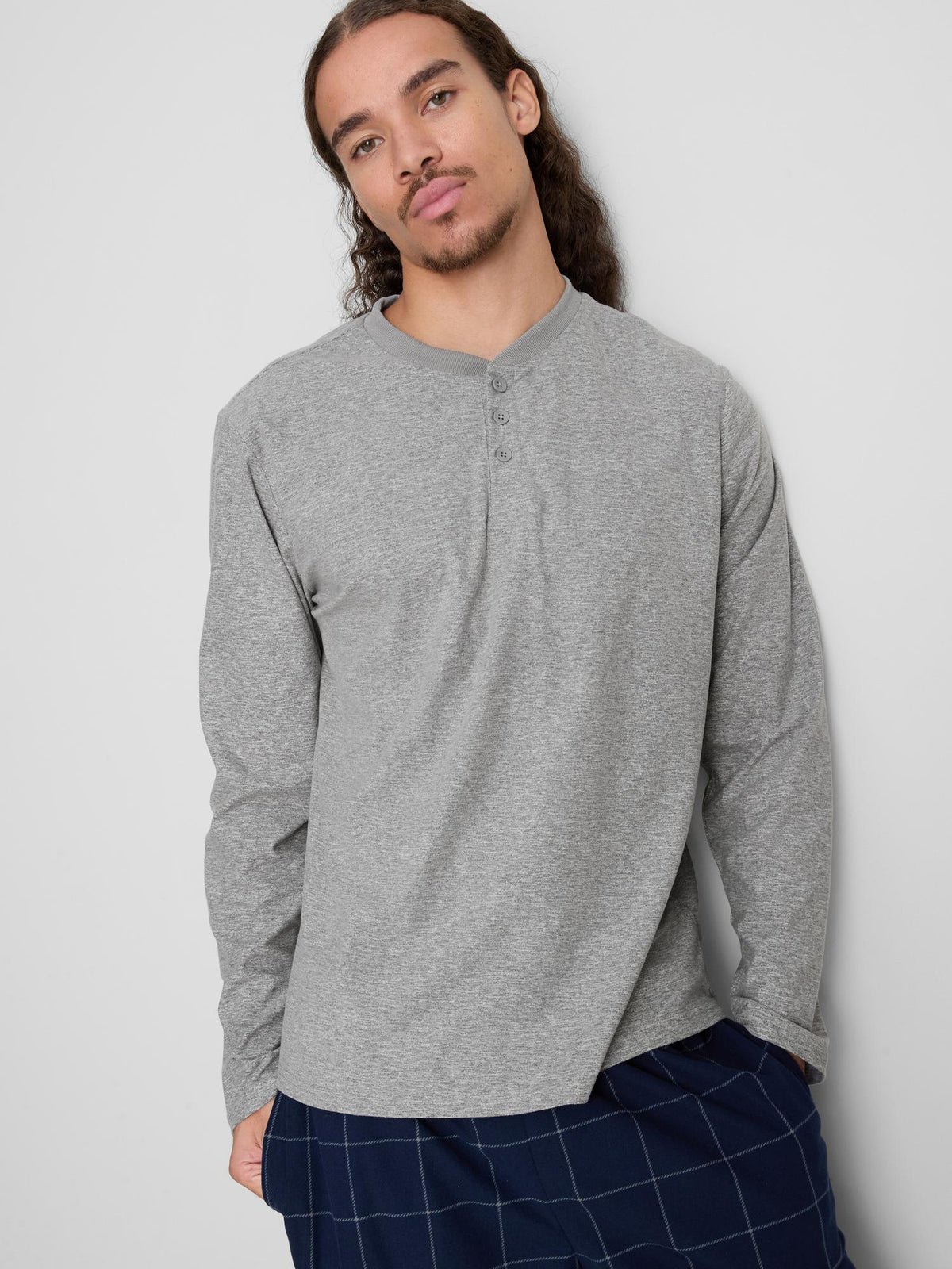 Checked Henley Long Sleeve Pyjamas - Grey
