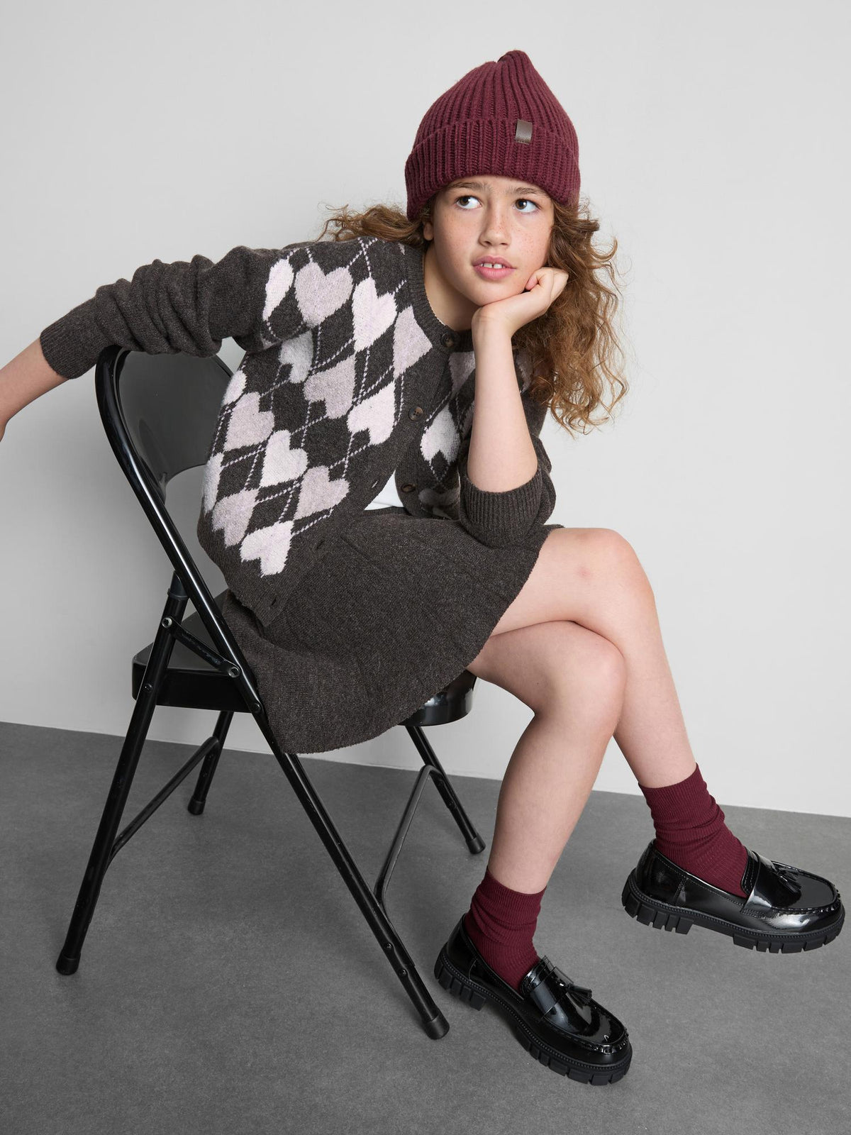 7-15yrs | Argyle Cardigan and Knit Skater Skirt Set - Grey