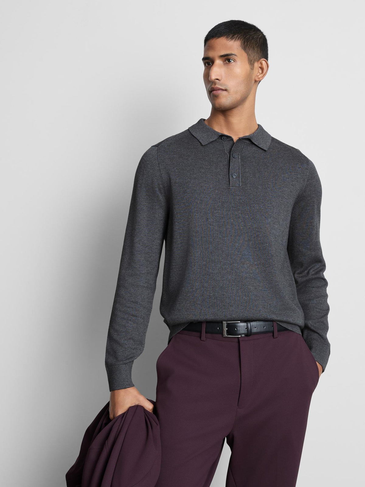 The Edit Long Sleeve Polo Shirt - Charcoal Marl