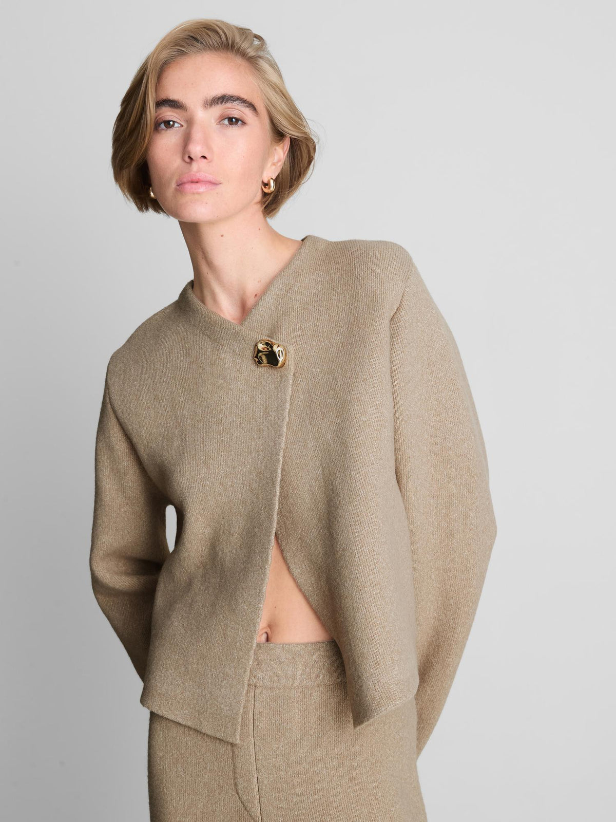 Statement Button Crossover Cardigan - Oatmeal