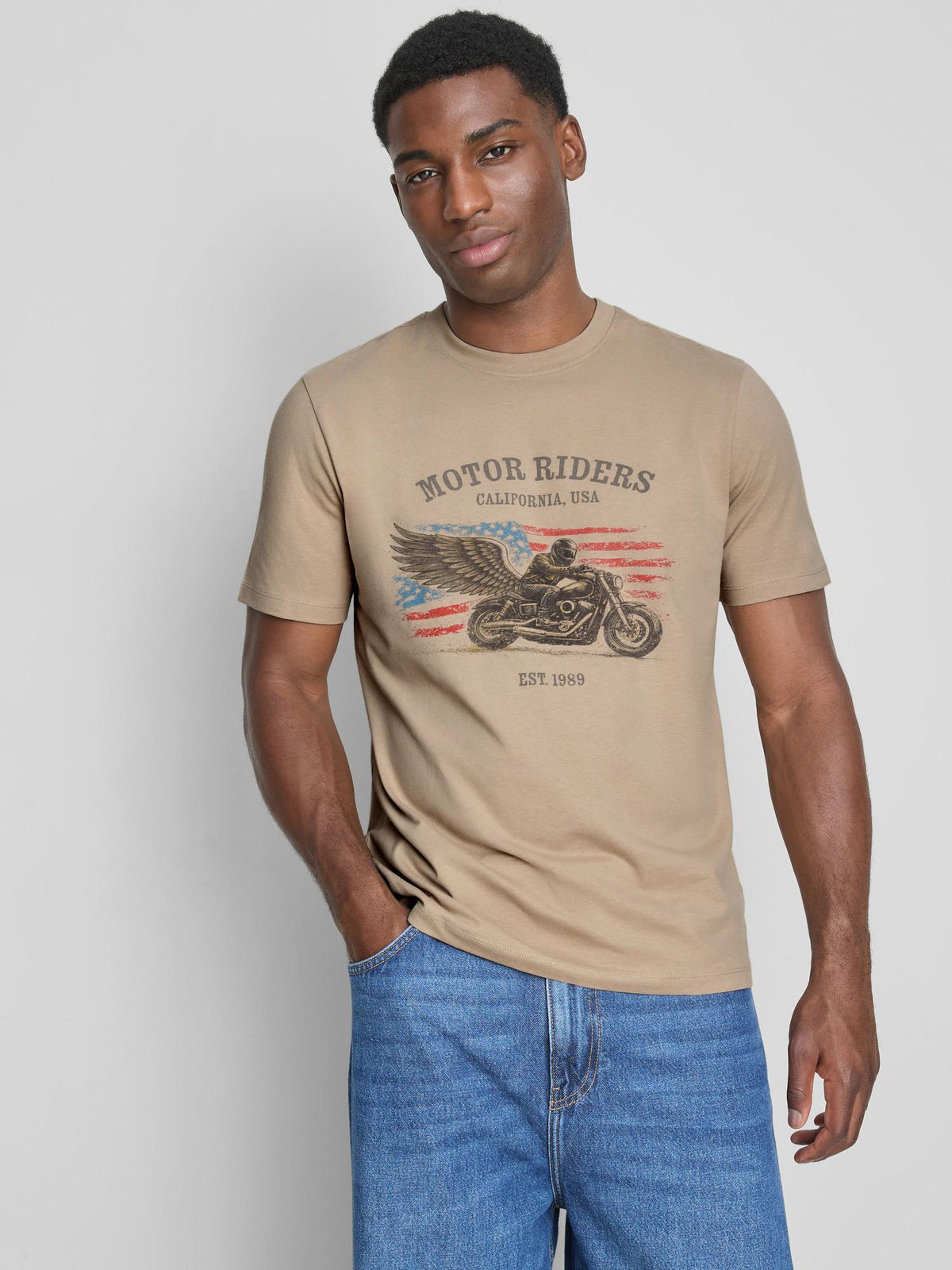Pure Cotton Motor Riders Graphic T-Shirt - Stone