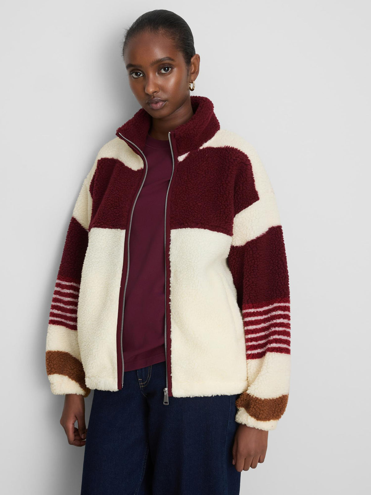 Striped High Neck Borg Fleece - Burgundy