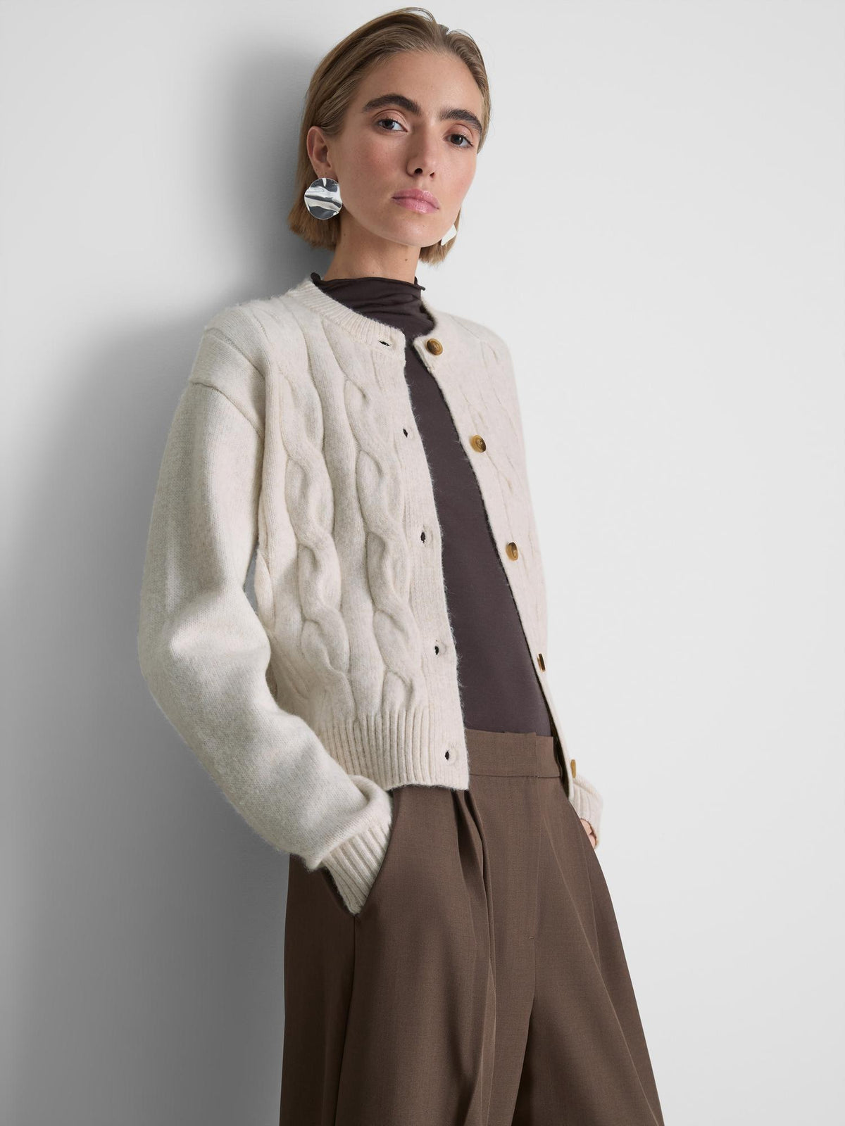 Round Neck Cable Knit Cardigan - Ivory