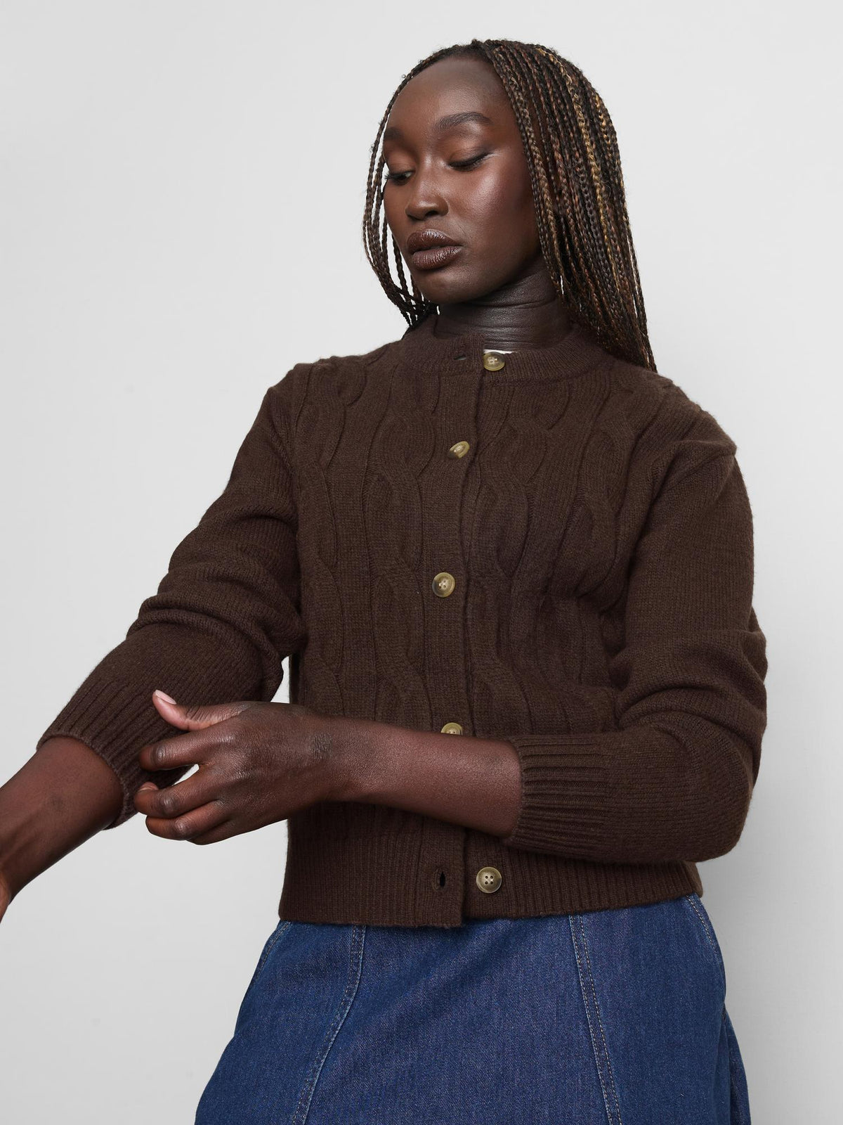 Round Neck Cable Knit Cardigan - Chocolate