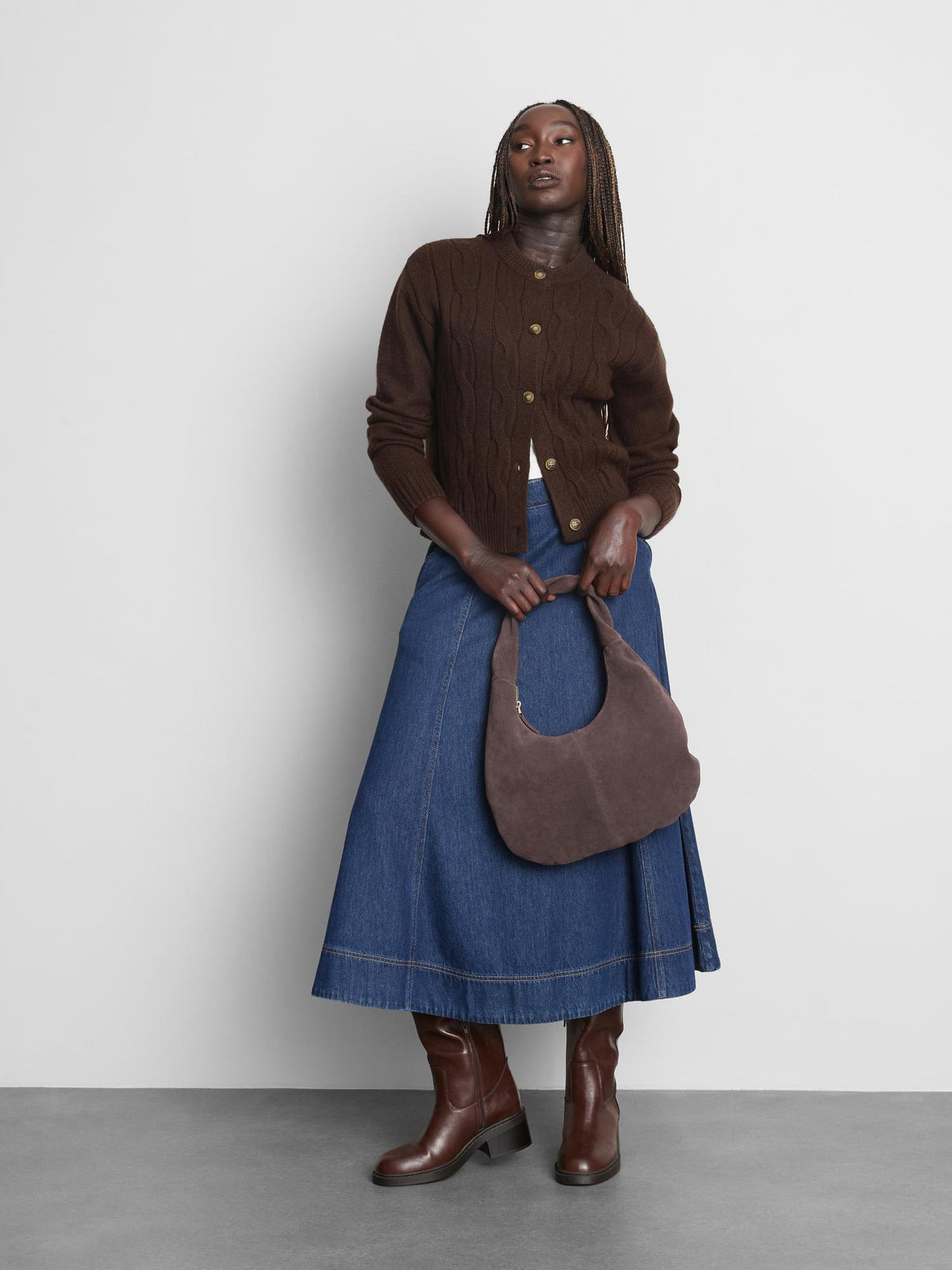 Round Neck Cable Knit Cardigan - Chocolate