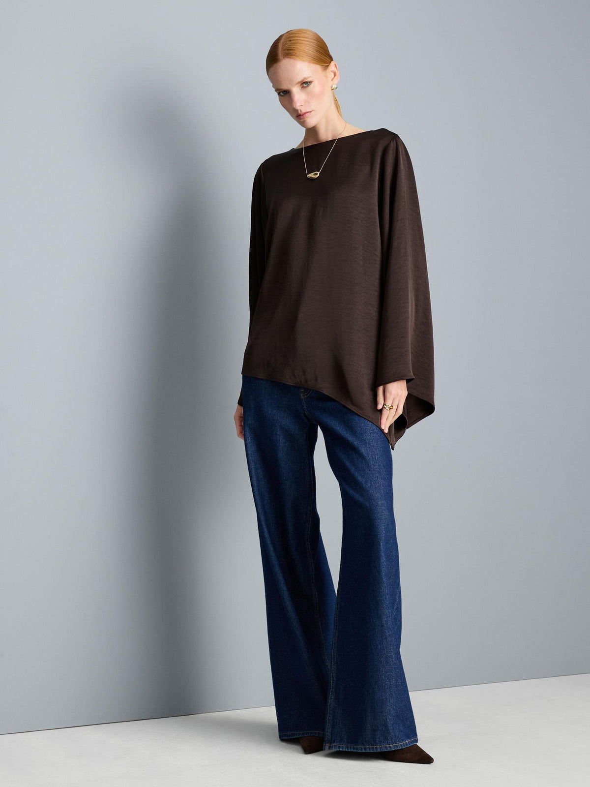 Satin Asymmetric Longline Blouse - Brown