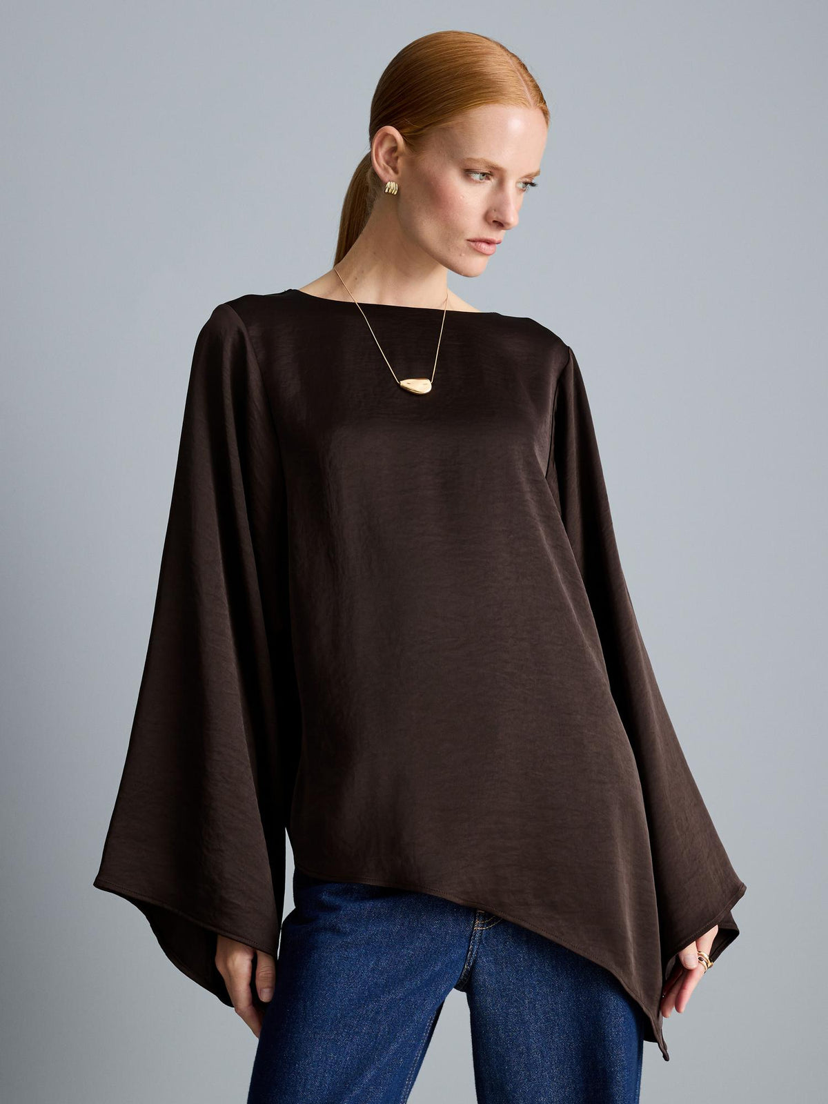 Satin Asymmetric Longline Blouse - Brown