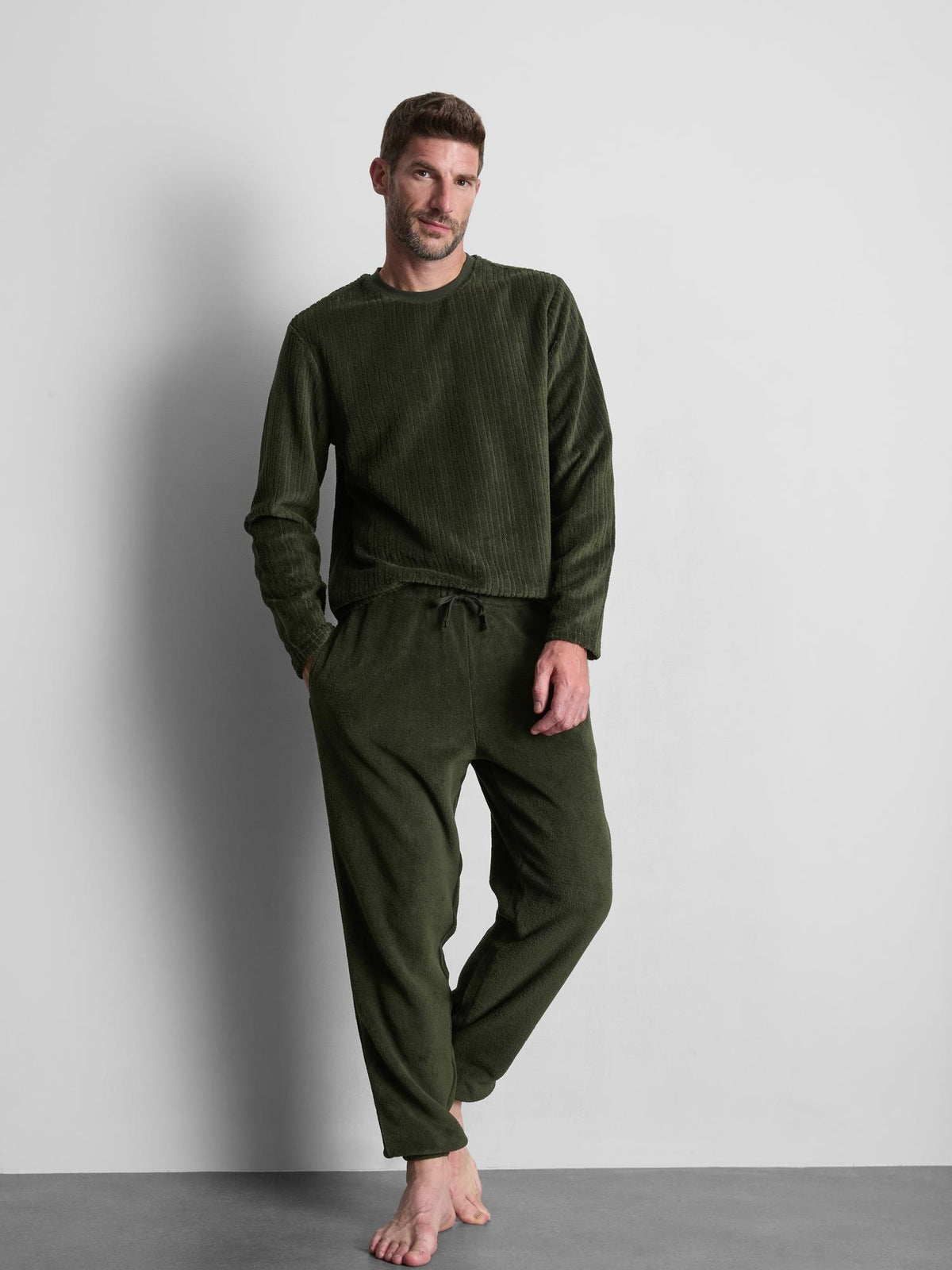 Ribbed Fleece Long Pyjamas - Khaki