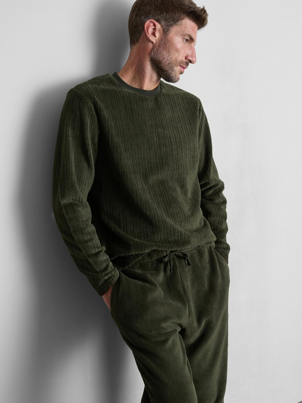 Ribbed Fleece Long Pyjamas - Khaki