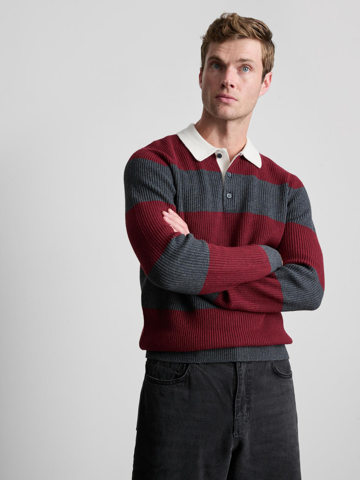 Striped Knit Polo Jumper - Burgundy