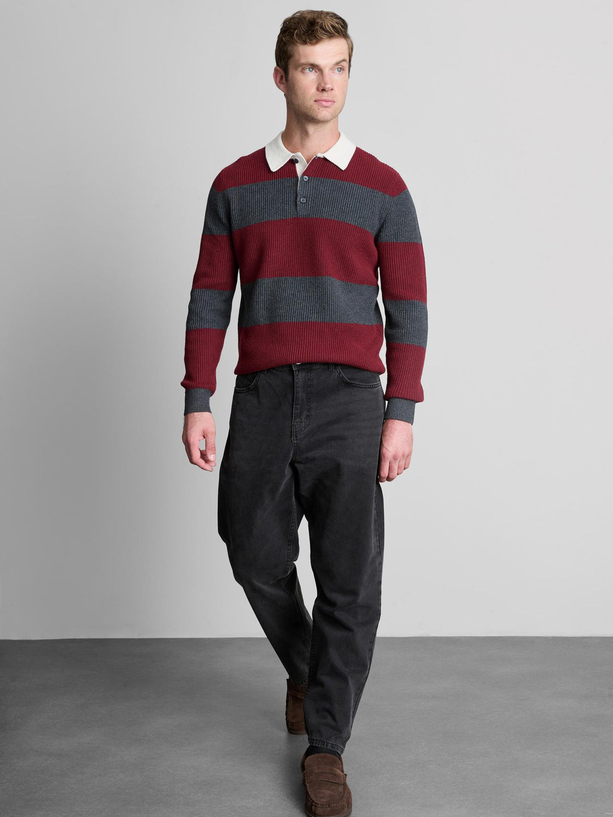 Striped Knit Polo Jumper - Burgundy