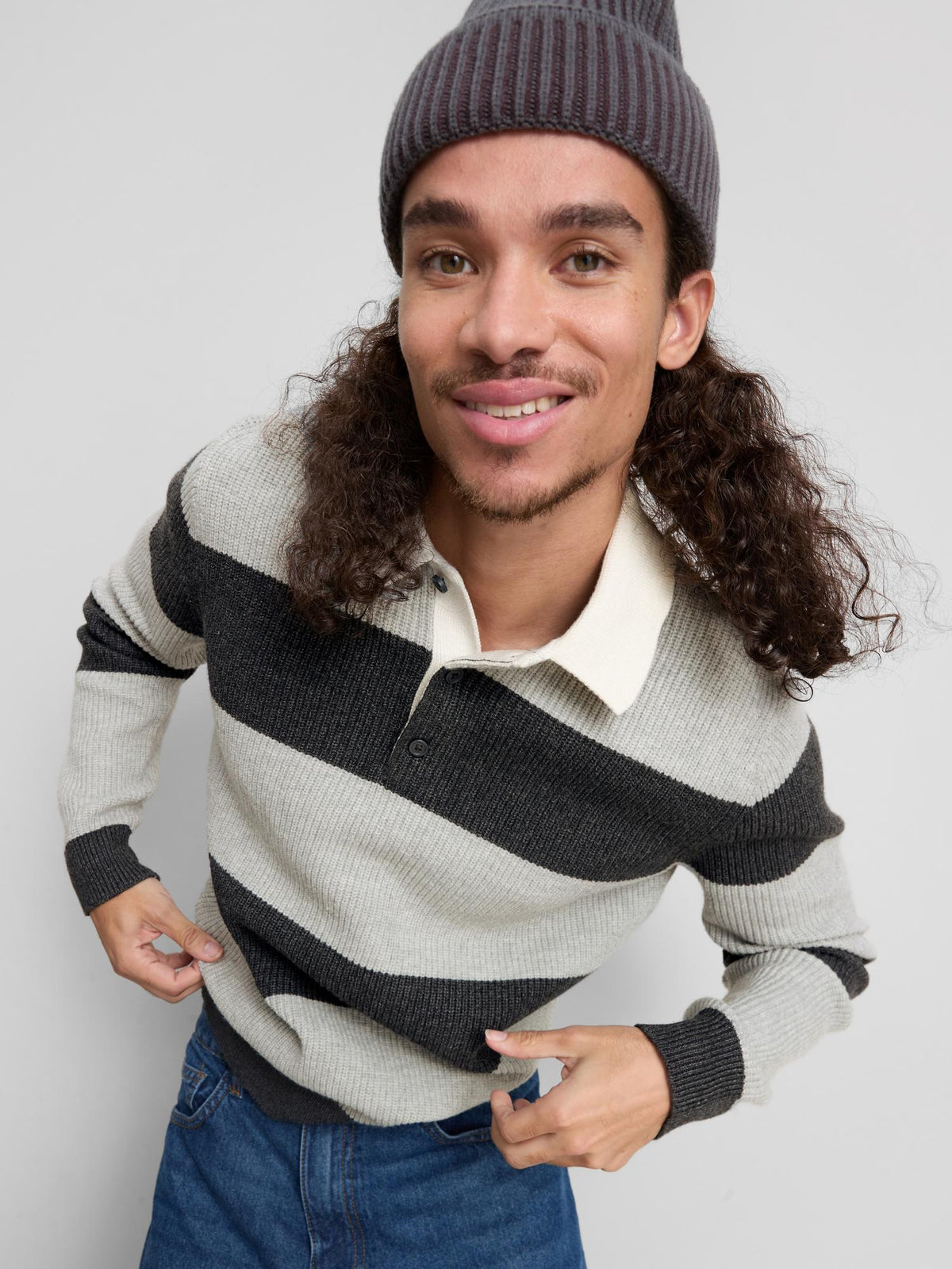 Striped Knit Polo Jumper - Grey