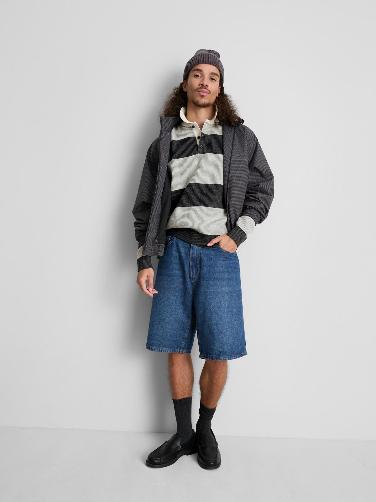 Striped Knit Polo Jumper - Grey