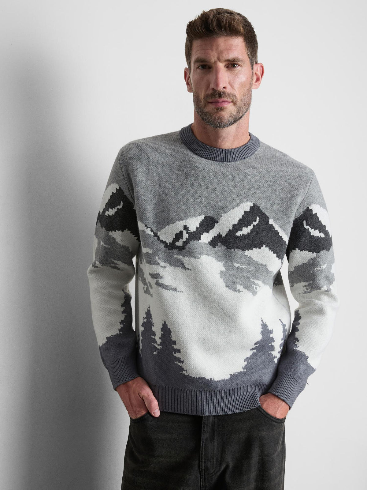 Mountain Scene Knitted Jumper - Grey