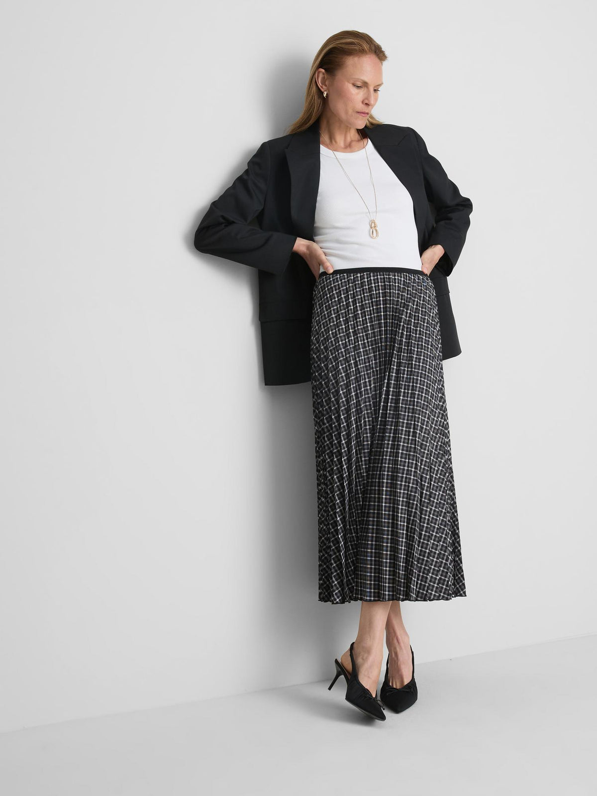 Pleated Check Midi Skirt - Black/White