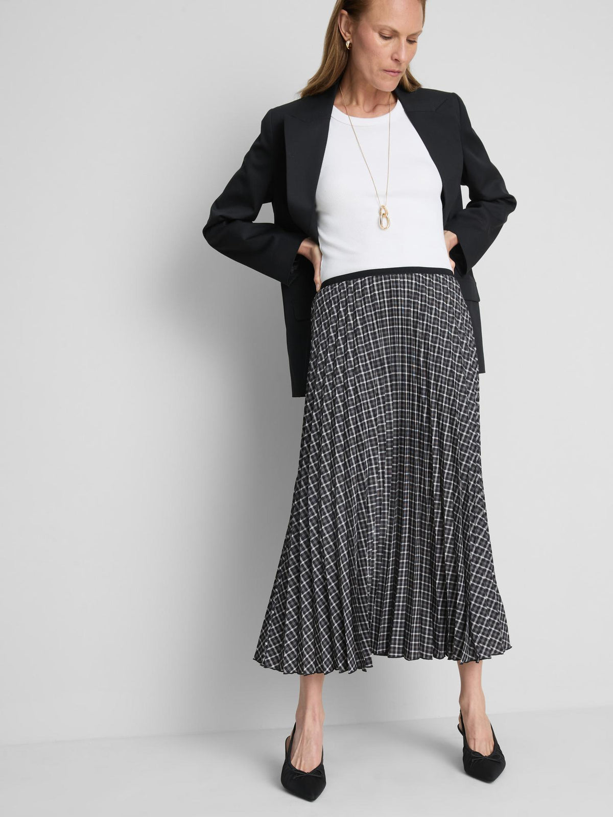 Pleated Check Midi Skirt - Black/White